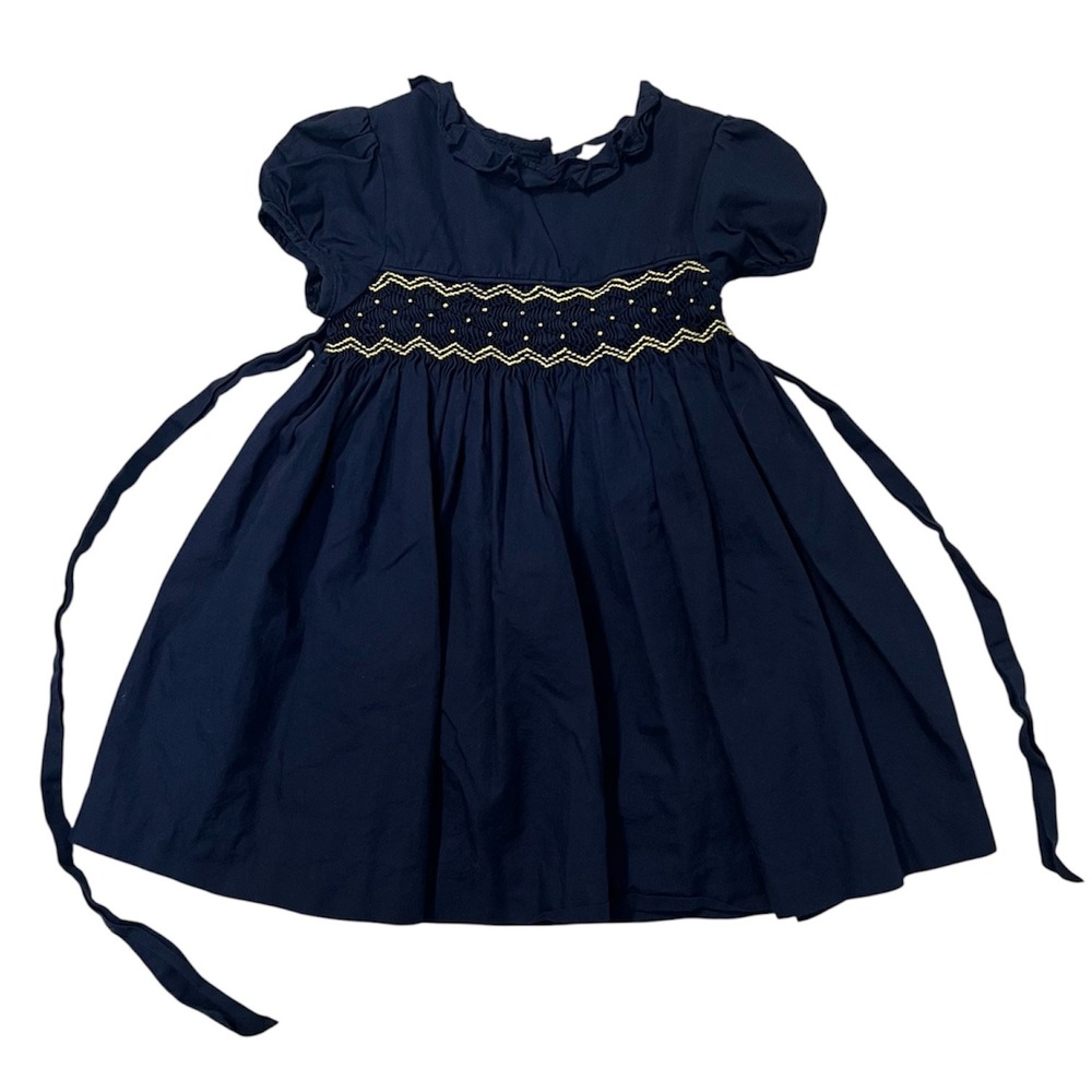Edgehill Collection Girls 12M Navy Blue Smocked Ruffle Dress Yellow Embroidery
